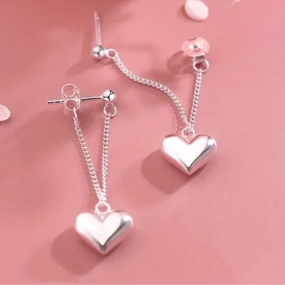 Silver heart on chain stud drop earrings love gift girlfriend wife valentines - Picture 3 of 3